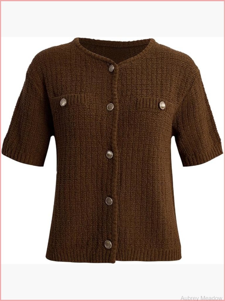 Short Sleeve Button Front Cropped Cardigan Sweater Lightweight Knit